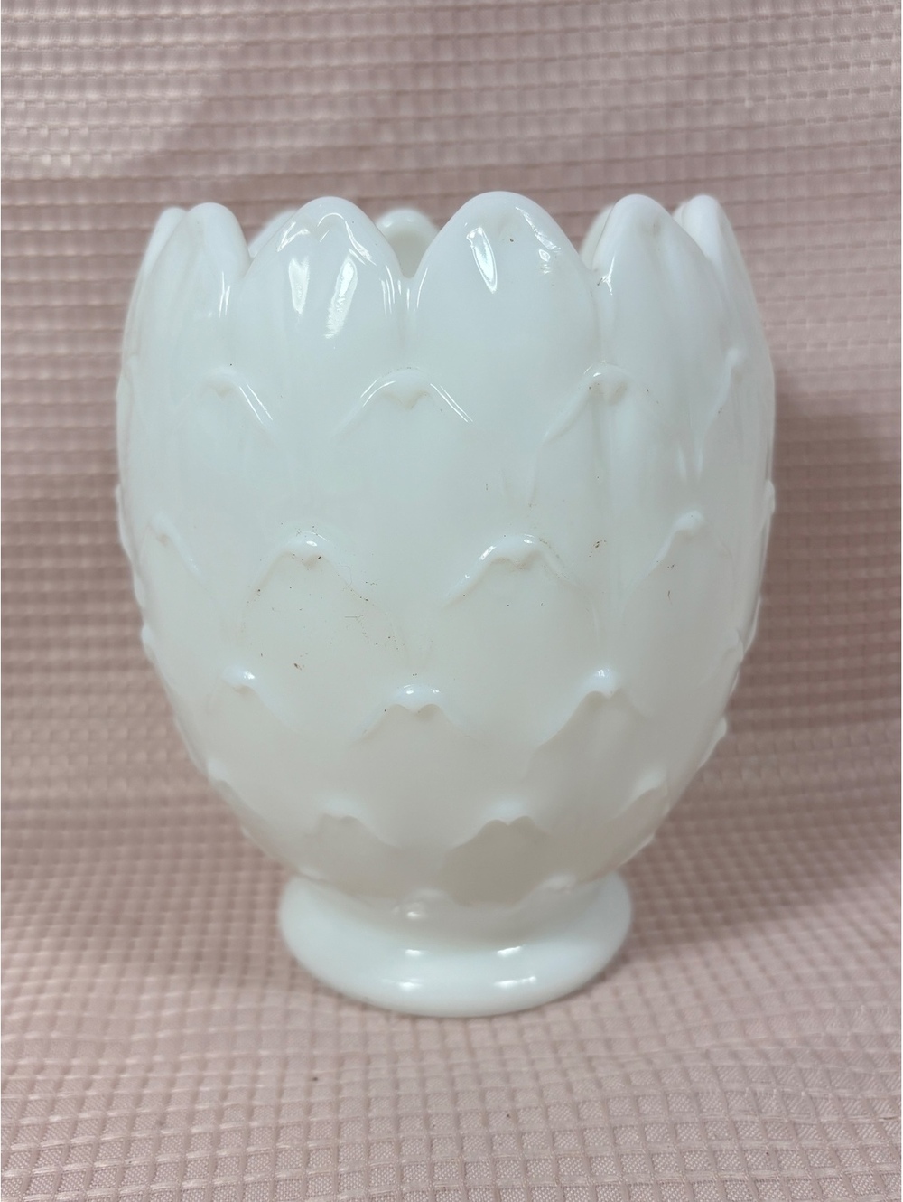 267 -white milk glass artichoke vase scalloped rim textured petal Imperial Glass
